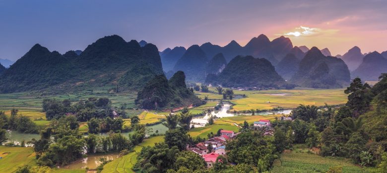 Cao Bang region valley with karst outcroppings at sunset